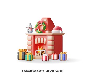 3D red brick new year fireplace. Render christmas decorated fireplace with snowman, gift and santa hat. Happy new year decoration. Christmas holiday. New year and xmas celebration. Vector illustration