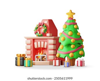 3D red brick new year fireplace isolated. Render christmas decorated fireplace with wreath tree, gifts. Happy new year decoration. Christmas holiday. New year and xmas celebration. Vector illustration