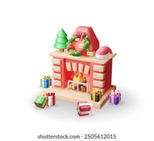 3D red brick new year fireplace. Render christmas decorated fireplace with snowman, gift and santa hat. Happy new year decoration. Christmas holiday. New year and xmas celebration. Vector illustration