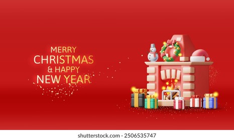 3D red brick new year fireplace. Render christmas decorated fireplace with snowman, gift and santa hat. Happy new year decoration. Christmas holiday. New year and xmas celebration. Vector illustration