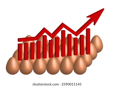 3d red business bar graph chart and growing up arrow on brown yellow eggs background. Retail industry. Bird flu. Inflation concept. Crisis. Consumer price index. Stock Market. Grocery Store. Vector