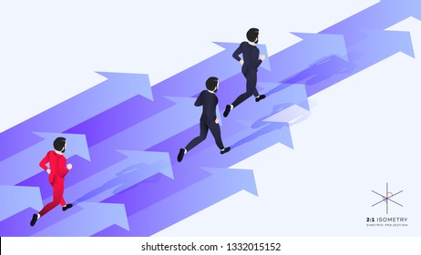 3d Red Businessman Run Behind Team. Conceptual Isometric Leadership Illustration. Video Game Ready Dimetric Projection.
