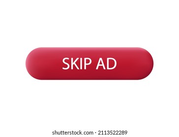 3d red button skip ads. Apply to stop, continue prohibited. Icon refusal to join. Do not show ads, skip. Isolated button on white. Click, go to another tab. Digital element, transition. Vector 