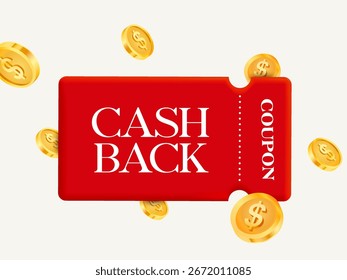 Tarjeta de regalo de cupón de devolución de dinero en efectivo en 3D con monedas de oro, código de Cupón, porcentaje de descuento, aislado en el fondo. Cupón 3D para la Ilustración vectorial de eventos de devolución de dinero