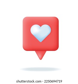 3d red Chat Social media bubble with white heart. Love message, like notification, network client communication element. Vector illustration on white background.