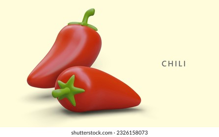 3D red chili pepper with shadows. Burning vegetable for seasoning. Ingredient for spicy dishes. Advertising poster in plasticine style. Template with title