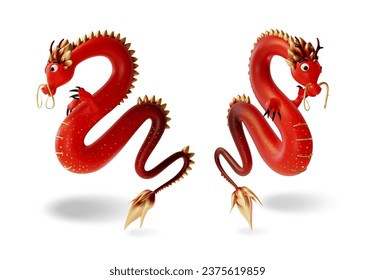 3d Red Chinese Dragon Set Cartoon Style Traditional Character Concept Symbol of Lunar New Year Isolated on a White Background. Vector illustration of Dragons