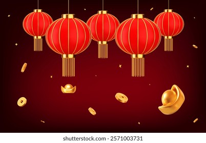 3d red Chinese lantern, flying Ancient old coins of China, golden ingot Yuan Bao. Asian festival element. Cartoon style. Stock vector illustration on red isolated background.