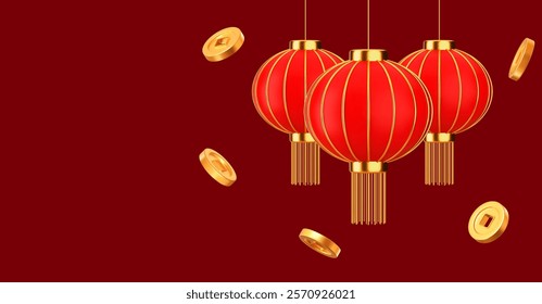 3d red Chinese lantern with golden accents and flying Ancient old coins of China. Asian festival element. Cartoon style. Stock vector illustration on red isolated background.