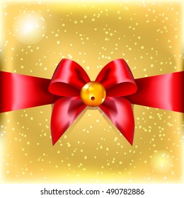 3d Red Christmas bow with a bell. New Year accessory. Satin ribbon. Gold wrapping paper. A box with gifts. Blink. Celebration.