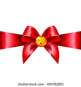 3d Red Christmas bow with a bell. New Year accessory. Satin ribbon.