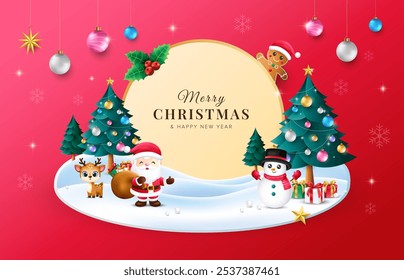 Design de Natal vermelho 3d com árvore de Natal, Santa, rena, fundo de ilha de neve snowman. Modelo de vetor para cartões de saudação, banner promocional.