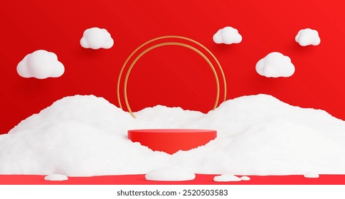 3d pódio vermelho de Natal com neve e arco dourado. Cena festiva vetorial cercada por flutuações de neve brancas e nuvens flutuantes com arco de ouro no fundo. Estágio brilhante para exibição de feriados de Natal