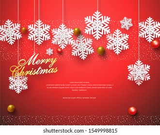 3d red Christmas theme background, papercut snowflakes vector cover card template