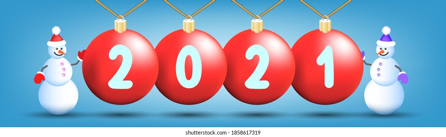 Decoraciones de tres árboles de Navidad rojas en cuerdas con los números 2021. Dos hombres de nieve sonrientes con sombreros y mitones sobre un fondo azul claro. EPS10