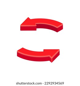 3D red circle arrows. Vector isometric round reload, refresh arrow icon isolated on white background. 3D design element for app, web, advert.