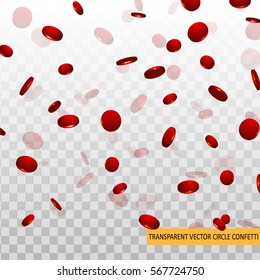 3D red circle confetti  falling isolated  on Transparent Checkered background. Decor element Template for Holiday Valentine's designs, invitation, party, birthday, wedding. Festive Vector illustration