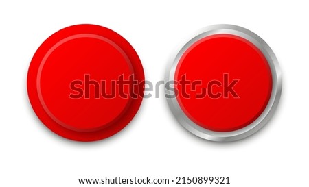 3D red circular push button icon collection. Realistic and shiny glossy metallic colors. Top perspective view.