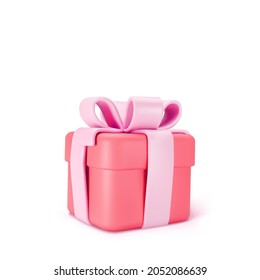 3d Red Closed Gift Box Standing On The Floor With Pink Pastel Ribbon Bow Isolated On A Light Background. 3d Render Modern Holiday Surprise Box. Realistic Vector Icon