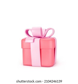 3d red closed gift box standing on the floor with pink pastel ribbon bow isolated on a light background. 3d render modern holiday surprise box. Realistic vector icon