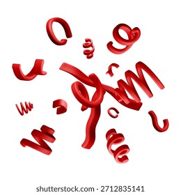 3D Red confetti ribbons falling through the air. Celebration element for party decoration and festive event. Playful design for abstract background. Vector illustration