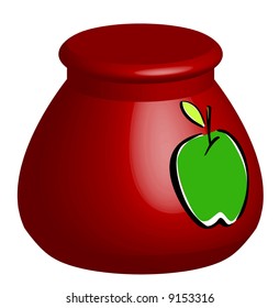 3D red cookie jar with green apple - vector
