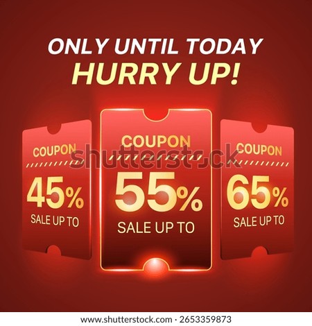 3d red coupon slides in row with coupon code, percent price off, isolated on red background with light effect. Gift voucher carousel for grand discount banner template in 3d vector