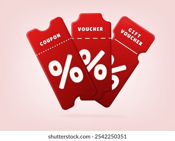 Conjunto de Cupones rojos 3D. Tarjeta de cupón realista de Vector aislado. Elementos de diseño promocionales para ofertas especiales de Precio y cartel promocional, venta de Black Friday