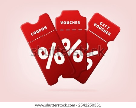 3D red coupons set. Isolated Vector realistic voucher card. Promo design elements for special price offers and promotion poster, Black Friday sale