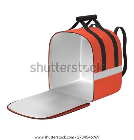3D red courier delivery backpack rounded shape opens from the side. Thermal box container refrigerator for fresh food product shipping. Vector fast food, restaurant takeout grocery shop packaging