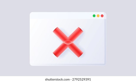 3D red cross mark icon centered on a white minimalist web browser user interface window. Three dimensional cross mark icon on web browser window illustration