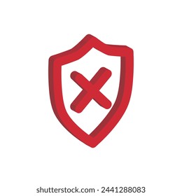 3d red cross in shield icon. Error message. Security alert. Wrong answer, password or test result.