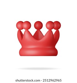 3D red crown icon isolated on white. Render plastic crown emoji symbol. Emoticon for VIP, rich, winner luxury premium success. Customer feedback, rating or status signs. Realistic vector illustration