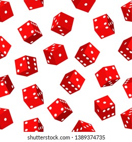 3D red cubes with white dots, seamless pattern, board game.