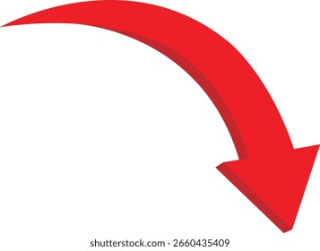 3D red curved arrow pointing downwards on white background direction