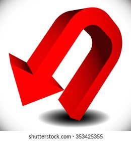 3d red, curved arrow with shadow pointing backward.