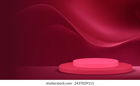 3d red cylinder podium pedestal abstract wavy flow wall background realistic vector illustration. Round promo stand modern showroom mock up for cosmetic product show presentation commercial display