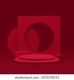 3d red cylinder podium pedestal with frame hole wall background realistic vector illustration. Trendy geometric showroom display circle stand mock up for cosmetic product show presentation
