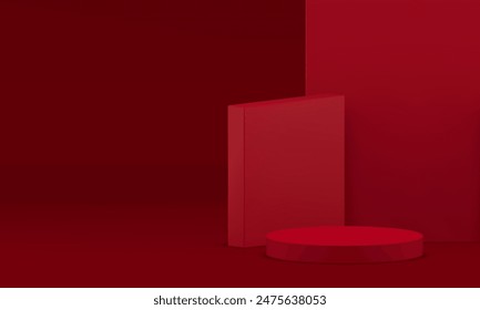 3d red cylinder podium pedestal with squared angular wall background realistic vector illustration. Fashion trendy rendering geometric showroom minimalist showcase stage for product show presentation