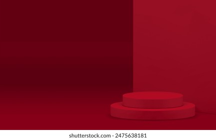 3D Red Zylinder Step Podium Sockel Showroom mit Wandhintergrund realistische Vektorillustration. Trendy minimalistisches Rendering Showcase geometrische leere Innenwerbefläche für Produktshow