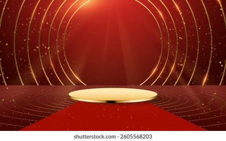 A 3D red cylindrical pedestal podium designed for showcasing products against a minimalist wall background. Perfect for mockups, displays, or presentations with a modern and clean aesthetic.