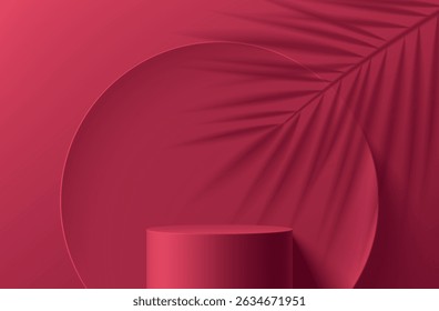 Fundo de pódio cilíndrico vermelho 3D com fundo redondo e folha verde. Pedestal de maquete minimalista, apresentação abstrata da exposição do produto cosmético, vitrine do palco. Projeto geométrico vetorial de plataformas.