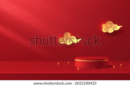 3D red cylindrical podium background with gold cloud in chinese new year festival scene. Abstract minimalist mockup or product display presentation, Stage showcase. Platforms vector geometric design.