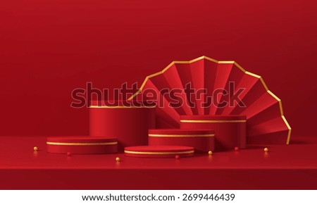 3d red cylindrical podium background with golden Chinese fan decorate. Chinese new year concept. Minimalist platforms mockup pedestal. Abstract stands product display presentation, Stage for showcase.