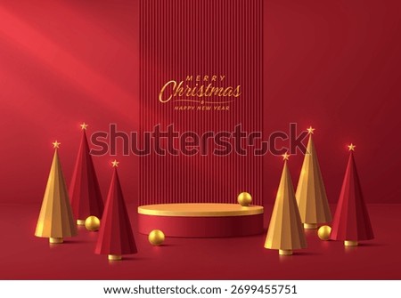 3D red cylindrical podium Christmas background with ball and golden Christmas tree scene. Minimalist geometric Platforms mockup pedestal design. Abstract product display presentation. Stage showcase.