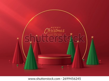 3D red cylindrical podium Christmas background with ball and green Christmas tree scene. Minimalist geometric Platforms mockup pedestal design. Abstract product display presentation. Stage showcase.