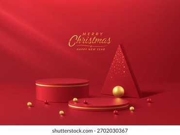 3D vermelho cilíndrico pódio alegre Natal novo ano de fundo com cena de bola de ouro. Plataformas geométricas minimalistas modelam o design do pedestal. Abstrato mostra produto exposição. Exibição de estágio