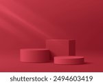 3D red cylindrical podium pedestal background with cube pedestal, Clean empty wall scene. Minimalist mockup or abstract product display presentation, Stage showcase. Platforms vector geometric design.