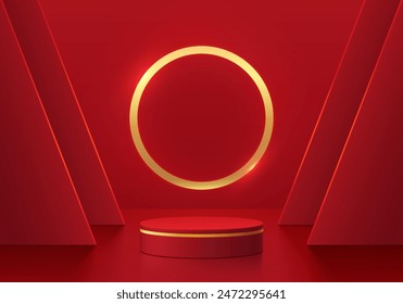 3D red cylindrical podium pedestal background with triangle backdrop, gold neon light. Minimal empty mockup abstract product display presentation, Stage showcase. Platforms vector geometric design.