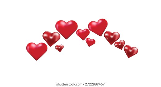 Diseño de arco de corazones rojos y rojos oscuros 3D para San Valentín y muchos más días especiales con Elementos de corazón románticos brillantes sobre un fondo blanco